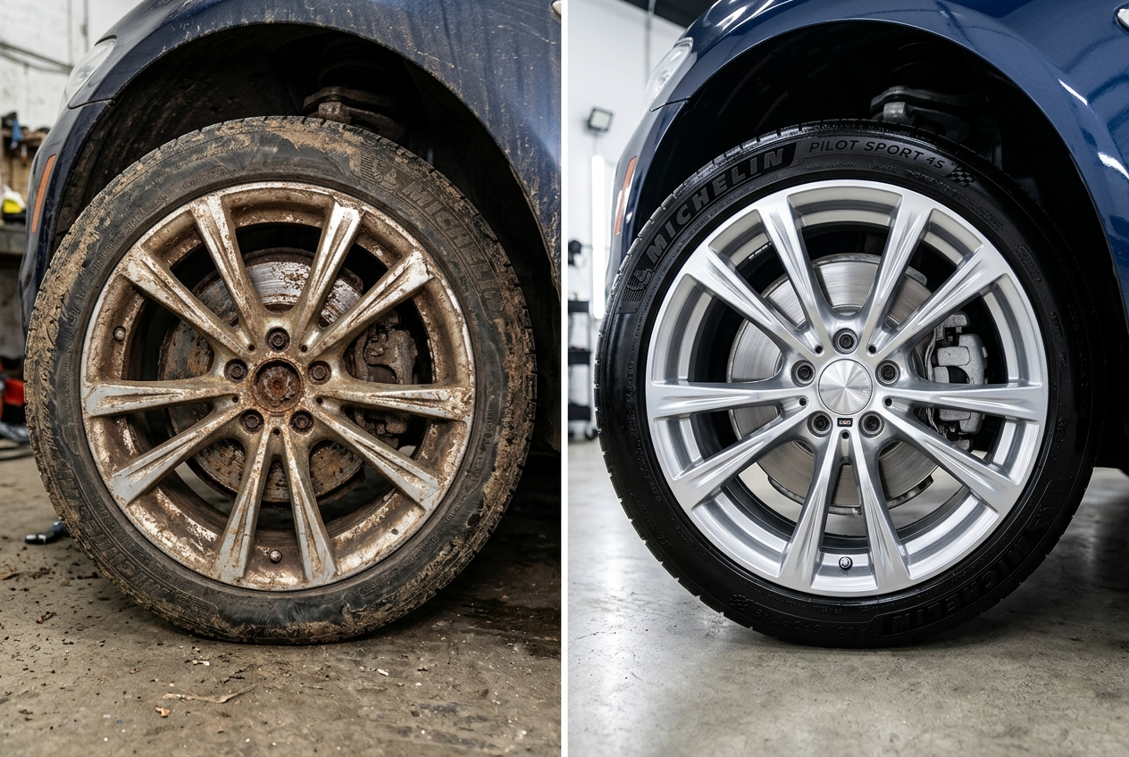 Example of a car interior before and after cleaning, shown side by side