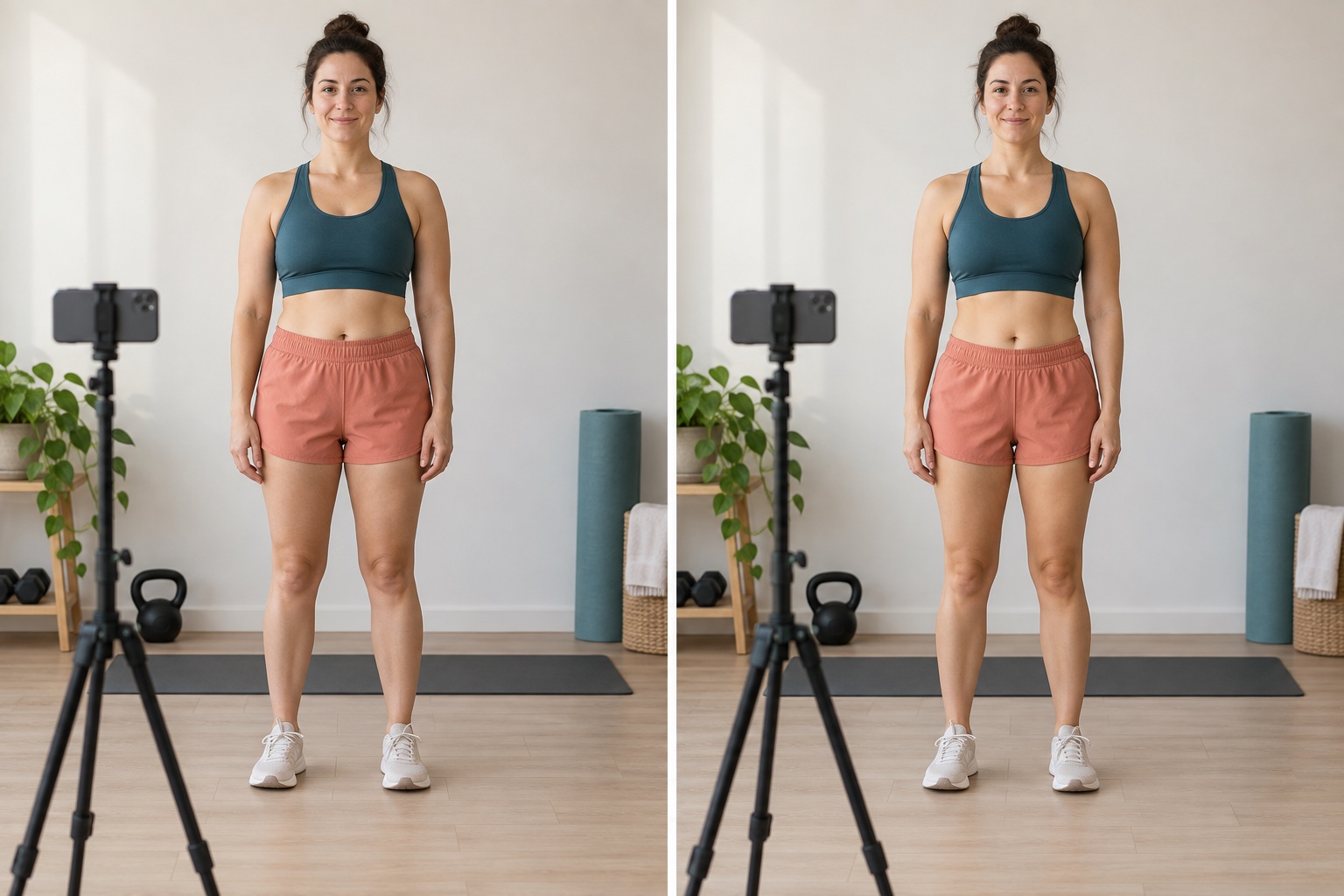 A fitness progress photo setup showing the same person, pose, clothing, camera position, and lighting side by side