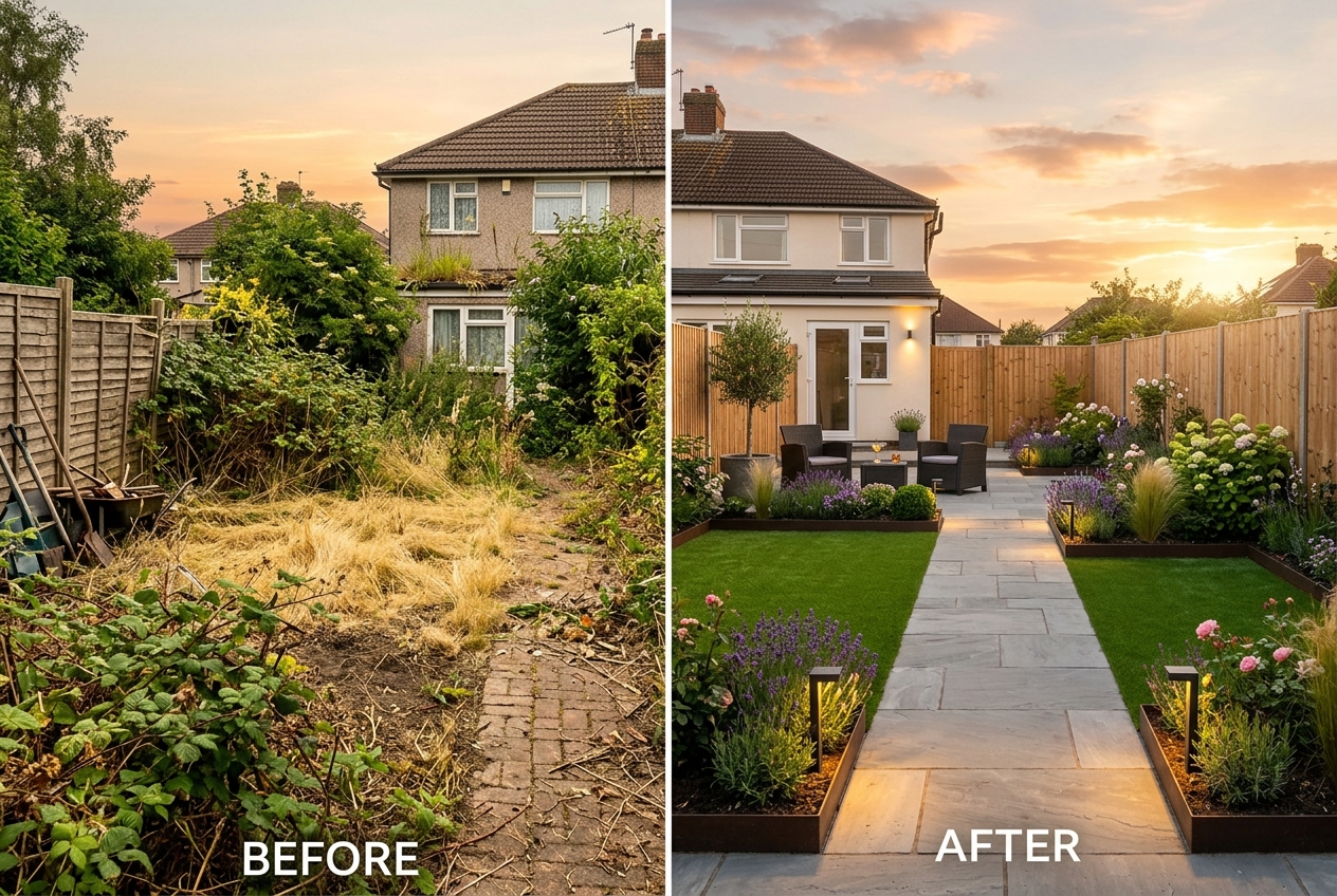 Garden before and after illustration where the two photos were taken from different positions and in different light