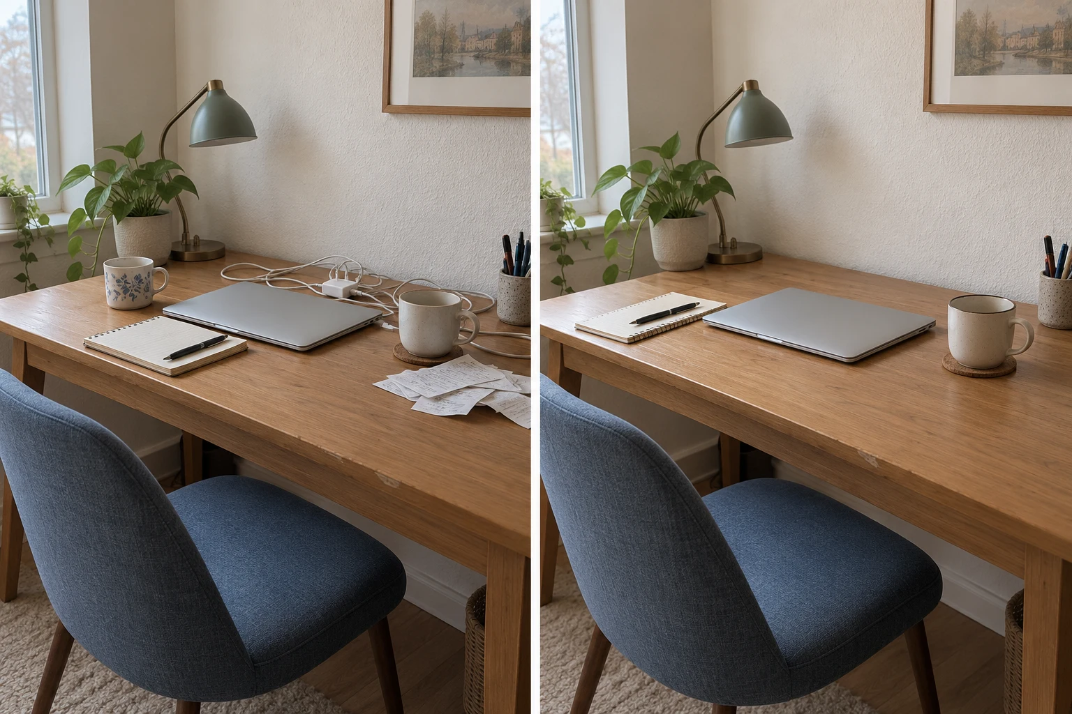 Two views of the same home-office desk, with loose receipts and cables on the left and a tidier surface on the right