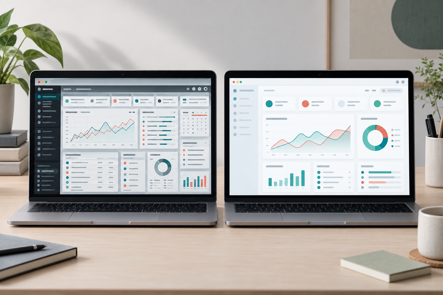 Two matching dashboard screens showing a cluttered interface before a redesign and a clearer interface after it